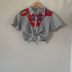 Vintage southwestern gingham collared button up crop top